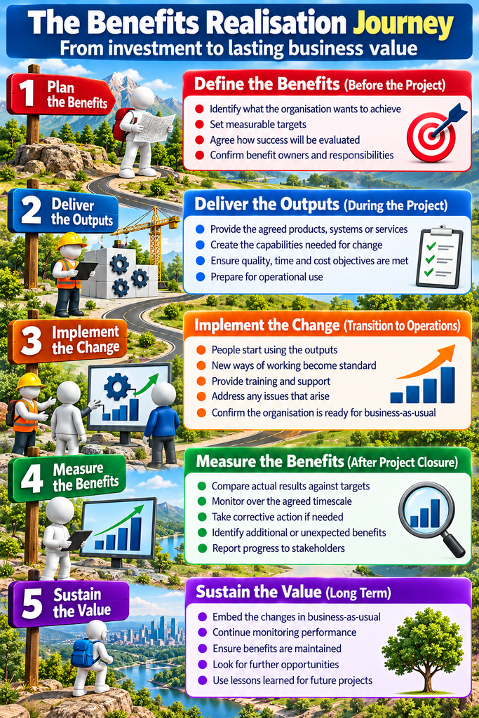 Project Benefits Realisation: How to Deliver Business Value 3 Infographic showing how project outputs create organisational capabilities, lead to operational outcomes, generate measurable benefits and contribute to strategic business objectives.